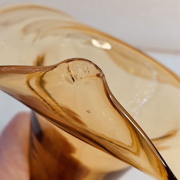 MCM Vtg Hand-Blown Amber Glass Yellow Vase Folded Open Top Pedestal Much Detail - Picture 5 of 16